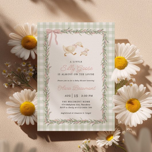 Invitation Silly Goose Green Gingham Pink Baby Shower Invite