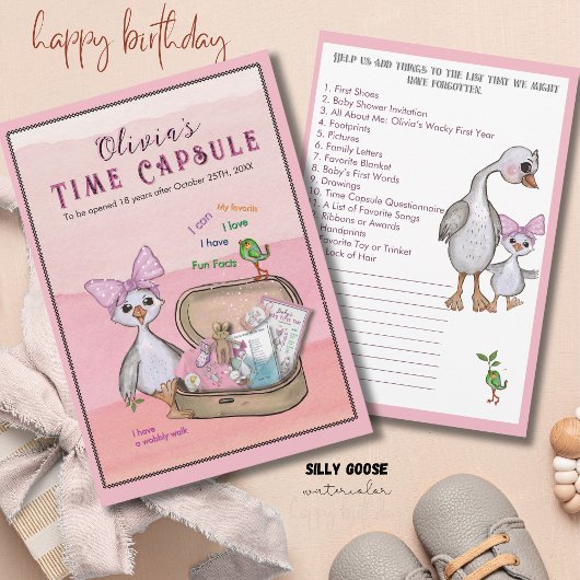 Invitation Silly Goose Pink Bow Birthday Time Capsule Game