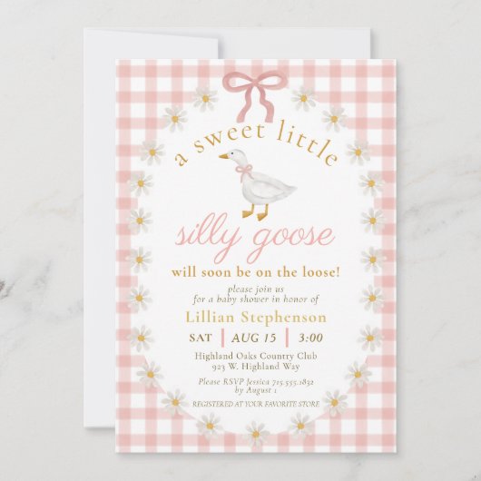 Invitation Silly Goose Pink Bow Daisy Gingham Baby Shower (Devant)