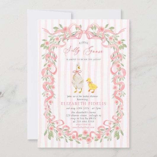 Invitation Silly Goose Pink Bow Floral QR Code Baby Shower (Devant)