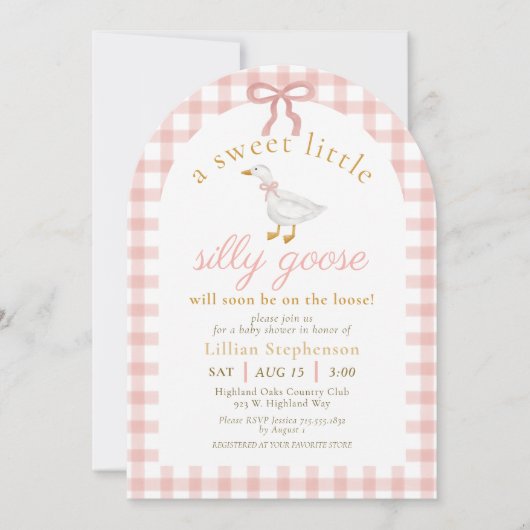 Invitation Silly Goose Pink Bow Gingham Baby Shower Arch (Devant)