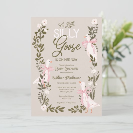 Invitation Silly Goose Rose Bow Girl Baby shower (Debout devant)