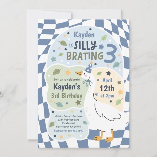 Invitation Silly Goose Silly-Brating Three Birthday Party (Devant)