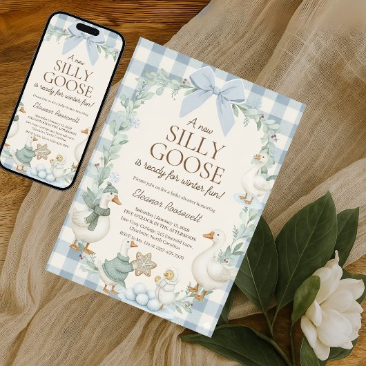 Invitation Silly Goose Winter Baby Shower Blue Gingham 