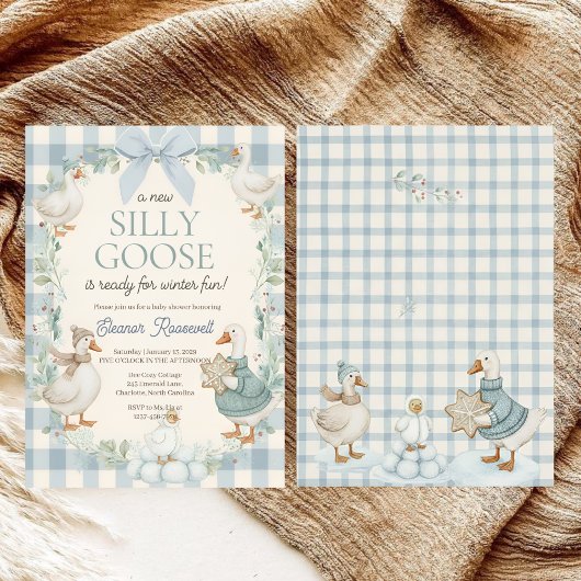 Invitation Silly Goose Winter Blue Plaid Baby Shower