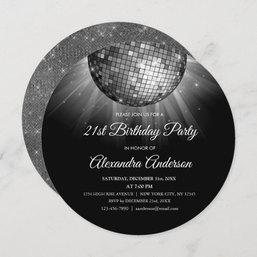 Invitation Silver 21e fête d'anniversaire Silver Disco Ball (Devant / Derrière)