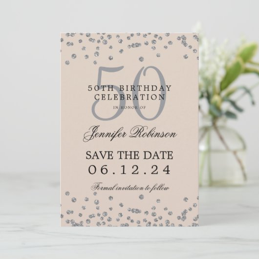 Invitation Silver 50th Birthday Save Date Détails Champagne (Debout devant)