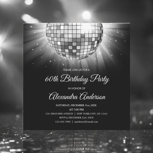 Invitation Silver 60th Birthday Party 70's Disco Ball