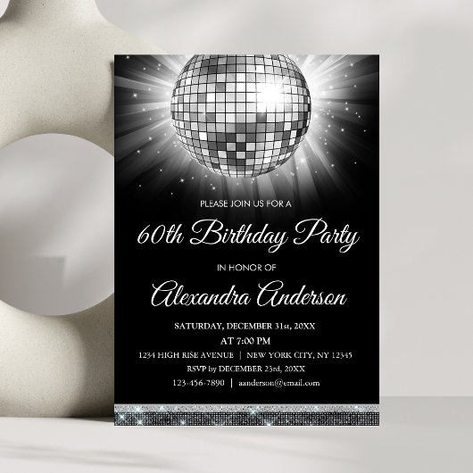Invitation Silver 60th Birthday Party 70's Disco Ball