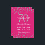 Invitation Silver 70th Birthday Save Date Details Hot Pink<br><div class="desc">Elégant design "70th Birthday Party" avec faux confettis de parties scintillant & détails texte. Facile à utiliser et facile à personnaliser. Commandez aujourd'hui !</div>