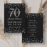 Invitation Silver 70th Birthday Save Date Détails Noir<br><div class="desc">Elégant design "70th Birthday Party" avec faux confettis de parties scintillant & détails texte. Facile à utiliser et facile à personnaliser. Commandez aujourd'hui !</div>