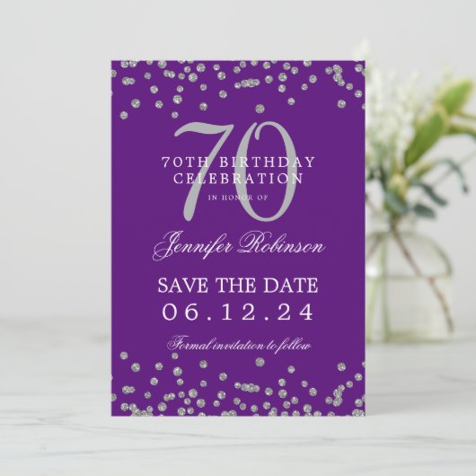 Invitation Silver 70th Birthday Save Date Détails Purple (Debout devant)