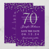 Invitation Silver 70th Birthday Save Date Détails Purple (Devant / Derrière)