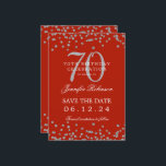 Invitation Silver 70th Birthday Save Date Détails Rouge<br><div class="desc">Elégant design "70th Birthday Party" avec faux confettis de parties scintillant & détails texte. Facile à utiliser et facile à personnaliser. Commandez aujourd'hui !</div>