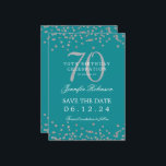 Invitation Silver 70th Birthday Save Date Détails Turquoise<br><div class="desc">Elégant design "70th Birthday Party" avec faux confettis de parties scintillant & détails texte. Facile à utiliser et facile à personnaliser. Commandez aujourd'hui !</div>