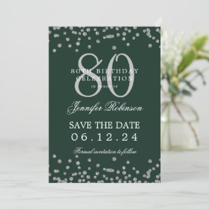 Invitation Silver 80th Birthday Party Save Date Détails Vert