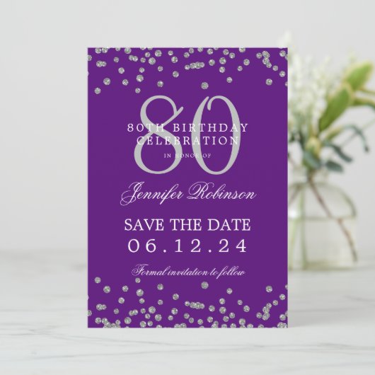 Invitation Silver 80th Birthday Save Date Détails Purple (Debout devant)