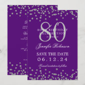 Invitation Silver 80th Birthday Save Date Détails Purple (Devant / Derrière)