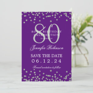 Invitation Silver 80th Birthday Save Date Détails Purple