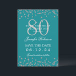 Invitation Silver 80th Birthday Save Date Details Turquoise<br><div class="desc">Elégant design "70th Birthday Party" avec faux confettis de parties scintillant & détails texte. Facile à utiliser et facile à personnaliser. Commandez aujourd'hui !</div>