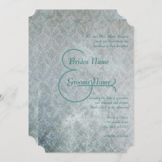 Invitation Silver Aqua Rustique Dentelle Perdue Mariage damas (Devant / Derrière)