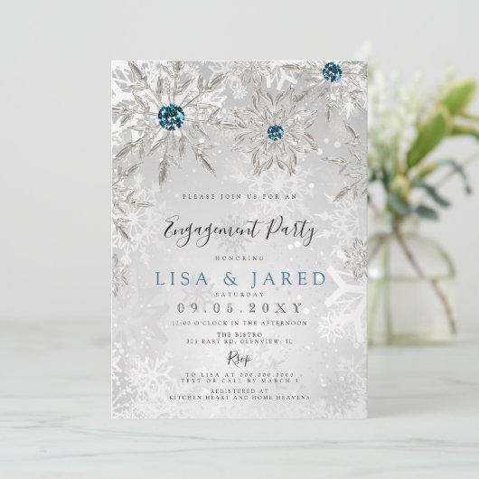 Invitation Silver Aqua Snowflakes (Debout devant)