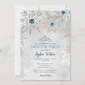 Invitation Silver Aqua Snowflakes Tiara Sweet 16 (Devant)