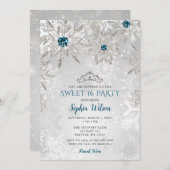 Invitation Silver Aqua Snowflakes Tiara Sweet 16 (Devant / Derrière)