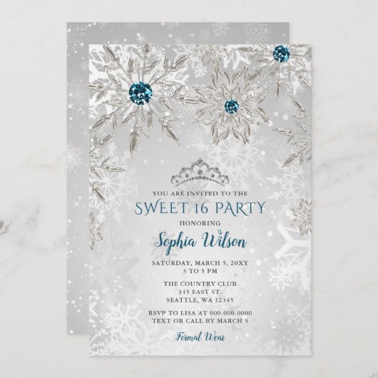 Invitation Silver Aqua Snowflakes Tiara Sweet 16 (Devant / Derrière)