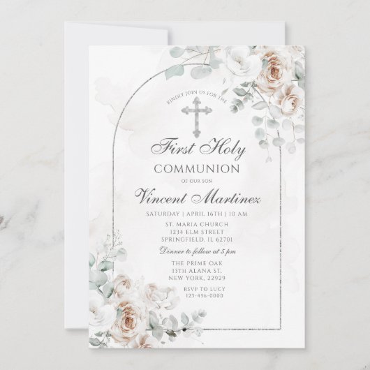 Invitation Silver Arch White Boho Floral First Holy Communion (Devant)