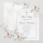 Invitation Silver Arch White Boho Floral First Holy Communion (Devant / Derrière)