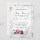 Invitation Silver Baubles Snowflakes Dîner de Nouvel An (Devant)