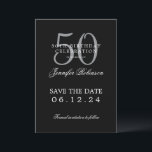 Invitation Silver Black 50th Birthday Enregistrer la date<br><div class="desc">Design élégant "50th Birthday Party" avec un script de typographie formel,  nom personnalisé et texte détaillé. Facile à utiliser et facile à personnaliser. Commandez aujourd'hui !</div>