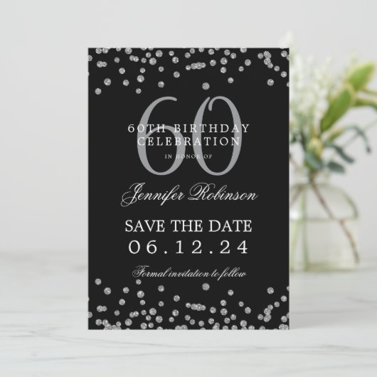 Invitation Silver Black 60th Birthday Enregistrer la date et (Debout devant)