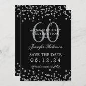 Invitation Silver Black 60th Birthday Enregistrer la date et (Devant / Derrière)