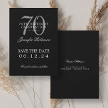 Invitation Silver Black 70th Birthday Enregistrer la date<br><div class="desc">Design élégant "70th Birthday Party" avec un script de typographie formel,  nom personnalisé et texte détaillé. Facile à utiliser et facile à personnaliser. Commandez aujourd'hui !</div>