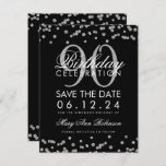 Invitation Silver Black 90th Birthday Save Date Confetti<br><div class="desc">Elégant design "90e anniversaire fête" avec Silver Faux Parties scintillant Confetti Noir et nom personnalisé et texte de détails. Facile à utiliser et facile à personnaliser. Commandez aujourd'hui !</div>