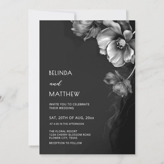 Invitation Silver Black And White Flowers Wedding  (Devant)