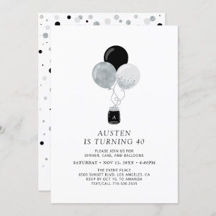 Invitation Silver & Black Balloon moderne Adulte fête d'anniv