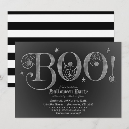 Invitation Silver & Black BOO Elégante Fête d'Halloween   (Devant / Derrière)