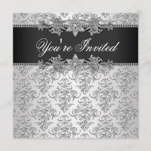 Invitation Silver Black Damask Black Damask Party