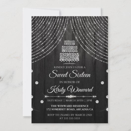 Invitation Silver Black Diamond Anniversaire Gâteau Sweet 16 (Devant)