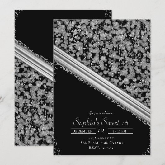 Invitation Silver & Black Elegant Glam Sweet 16 Party (Devant / Derrière)