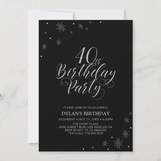 Invitation Silver & Black | Fête de 40 ans chic moderne (Devant)