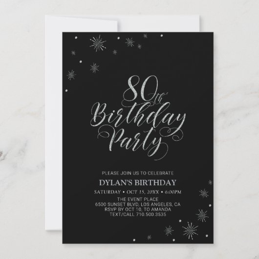 Invitation Silver & Black | Fête de 80 ans chic moderne (Devant)