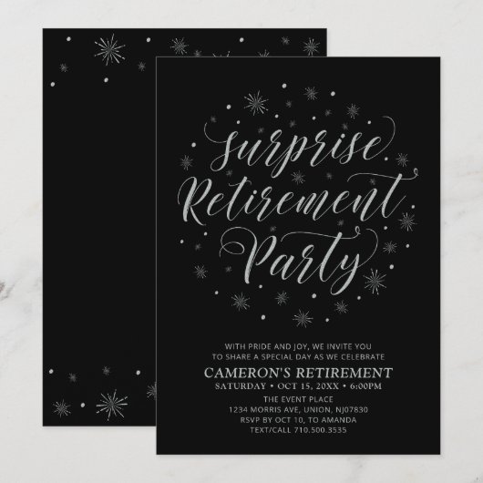 Invitation Silver & Black | Fête de retraite surprise moderne (Devant / Derrière)