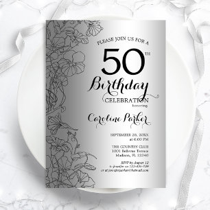 Invitation Silver Black Floral 50e fête d'anniversaire