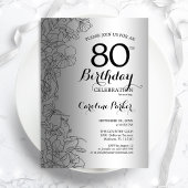Invitation Silver Black Floral 80e fête d'anniversaire