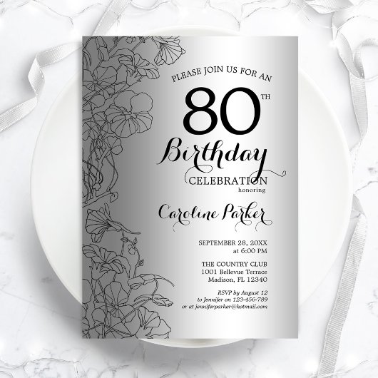 Invitation Silver Black Floral 80e fête d'anniversaire
