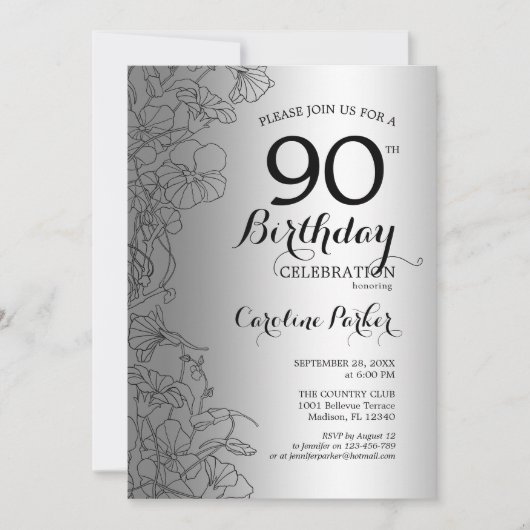 Invitation Silver Black Floral 90e fête d'anniversaire (Devant)